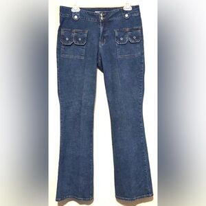 FL Jeans Y2K Double Outside Front Pockets Medium Wash Flare Leg Mid rise Sz 9/10
